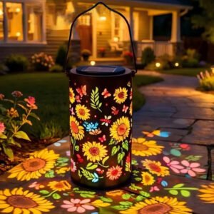 solar powered lantern sunflower hollowed out projector garden light