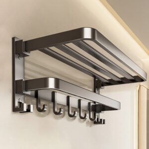 Home drill or stick on foldable bath towel rack, wall mounted bathroom shelf