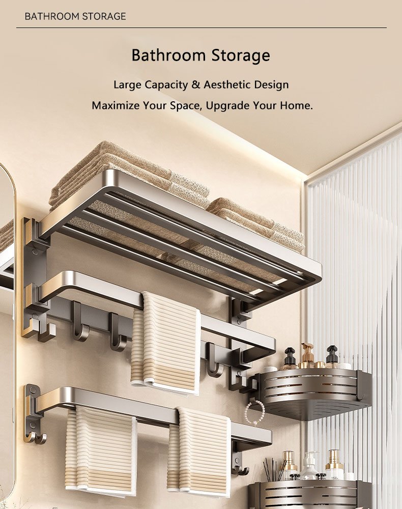 drill or stick on foldable bath towel rack, wall mounted bathroom shelf