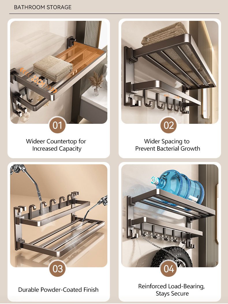 drill or stick on foldable bath towel rack, wall mounted bathroom shelf