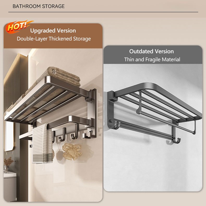 drill or stick on foldable bath towel rack, wall mounted bathroom shelf
