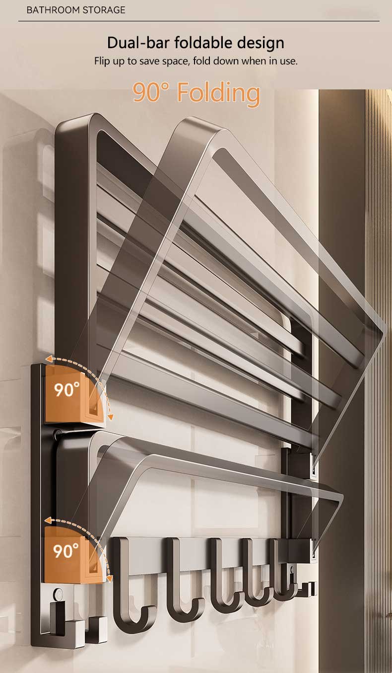 drill or stick on foldable bath towel rack, wall mounted bathroom shelf