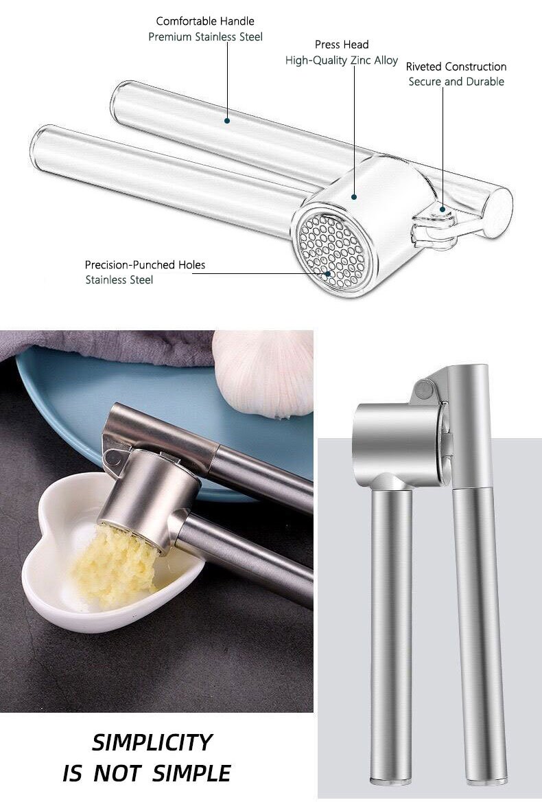 garlic press, stainless steel garlic mincer & crusher