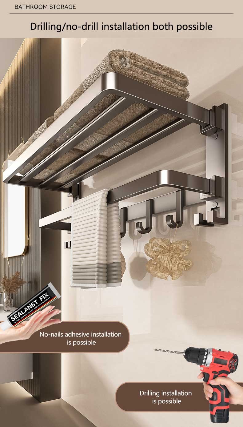 drill or stick on foldable bath towel rack, wall mounted bathroom shelf