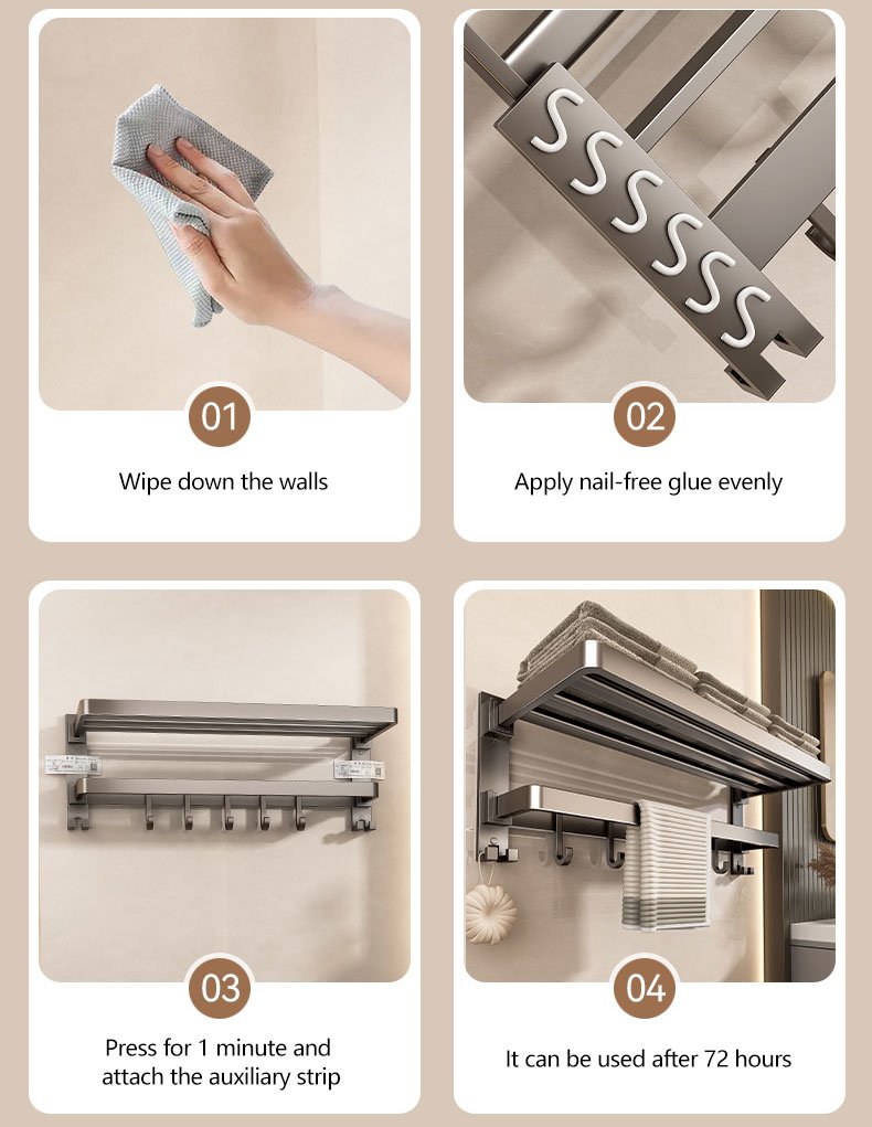 drill or stick on foldable bath towel rack, wall mounted bathroom shelf