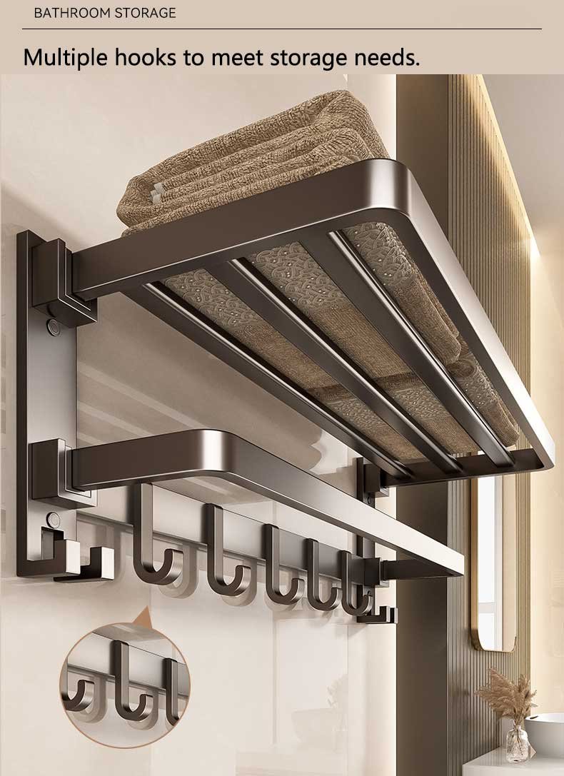drill or stick on foldable bath towel rack, wall mounted bathroom shelf